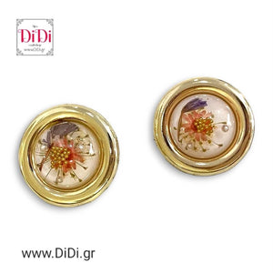 Σκουλαρίκια καρφάκι, στρογγυλά χρυσό με resin και αποξηραμένα λουλούδια 1711233