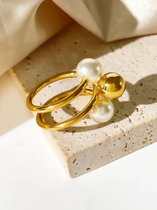 Ατσάλινο δαχτυλίδι τριπλό, με πέρλα σε κίτρινο χρυσό, 2402245