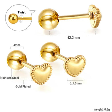 Σκουλαρίκια ατσάλινα μίνι καρδιές με βιδωτό κούμπωμα, 5mm σε κίτρινο χρυσό