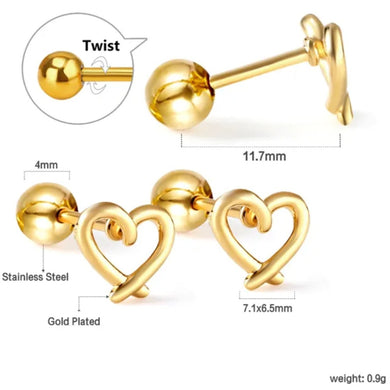 Σκουλαρίκια ατσάλινα μίνι καρδιές με βιδωτό κούμπωμα, 7mm σε κίτρινο χρυσό