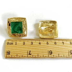 Σκουλαρίκια κλιπ, τετράγωνα χρυσό αντικέ με πράσινη πέτρα resin, 1702243