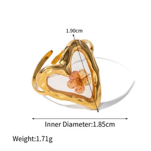 Ατσάλινο δαχτυλίδι με υγρό γυαλί & λουλούδι, ανοιγόμενο, σε κίτρινο χρυσό 23022415