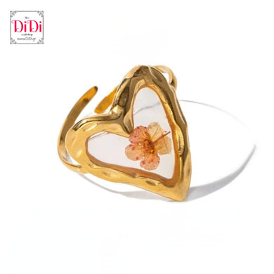 Ατσάλινο δαχτυλίδι με υγρό γυαλί & λουλούδι, ανοιγόμενο, σε κίτρινο χρυσό 23022415