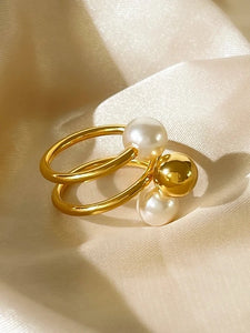 Ατσάλινο δαχτυλίδι τριπλό, με πέρλα σε κίτρινο χρυσό, 2402245