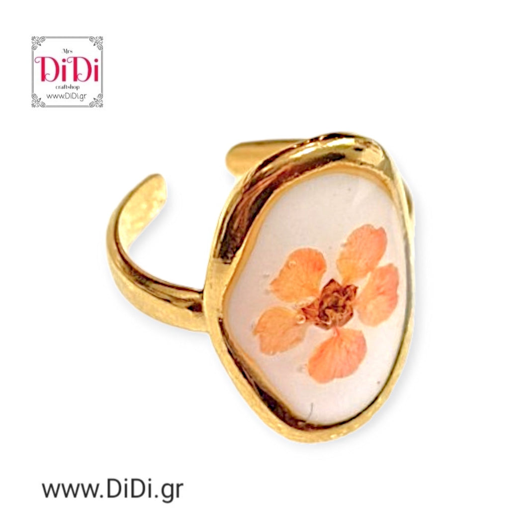 Ατσάλινο δαχτυλίδι με υγρό γυαλί & λουλούδι, ανοιγόμενο, σε κίτρινο χρυσό 23022414