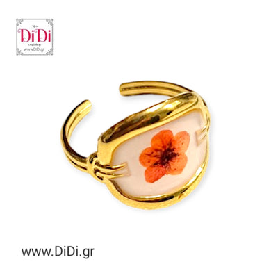 Ατσάλινο δαχτυλίδι με υγρό γυαλί & λουλούδι, ανοιγόμενο, σε κίτρινο χρυσό 23022413
