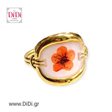 Φόρτωσε την φωτογραφία στο Gallery viewer, Ατσάλινο δαχτυλίδι με υγρό γυαλί &amp; λουλούδι, ανοιγόμενο, σε κίτρινο χρυσό 23022413