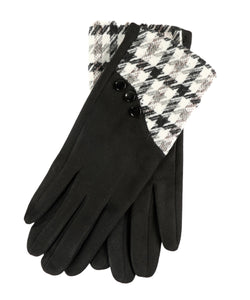 Γάντια μαύρα με σχέδιο πιέ ντε πούλ και βελούδινη επένδυση