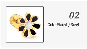 Σκουλαρίκια ατσάλινα μαργαρίτες μαύρο με βιδωτό κούμπωμα, 6mm σε κίτρινο χρυσό
