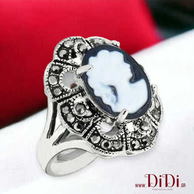 Δαχτυλίδι καμέο, μαύρο - λευκή γυναικεία φιγούρα, 1610237