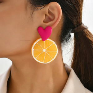 Σκουλαρίκια καρδιές κρεμαστά με φέτα πορτοκάλι, χειροποίητα 1204241