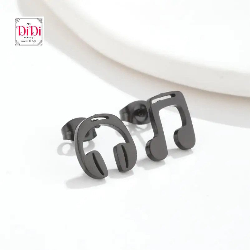 Ατσάλινα σκουλαρίκια ακουστικά - νότα, μαύρο 2302241