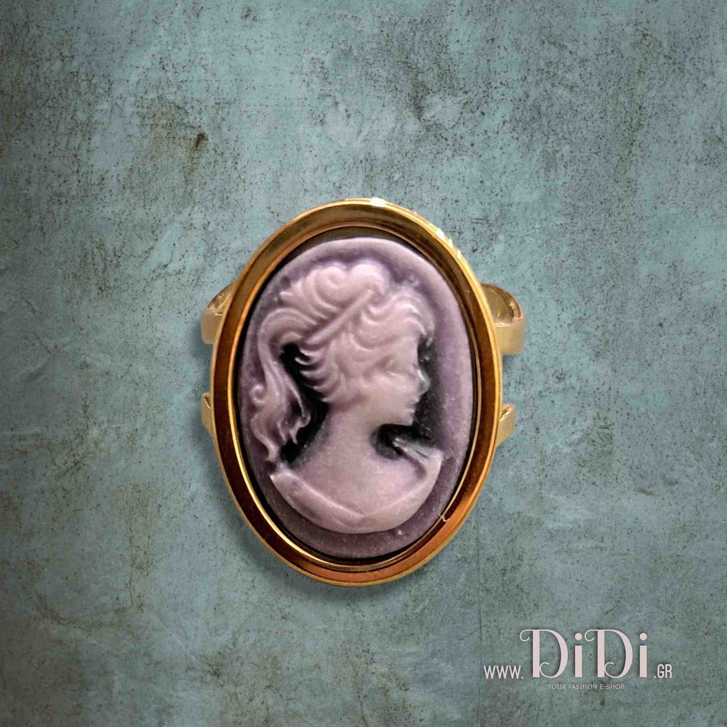 Δαχτυλίδι ατσάλινο καμέο 13mm x 18mm, μοβ γυναικεία φιγούρα, κίτρινο χρυσό, 24112516