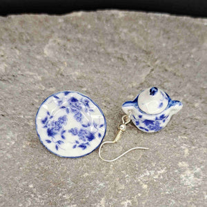 Σκουλαρίκια μινιατούρα σερβίτσιο μπλε λουλούδια, πιάτο 2,5cm με ζαχαριέρα με καπάκι