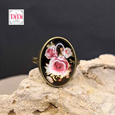 Δαχτυλίδι, γυάλινος θολος, με κόκκινα τριαντάφυλλα, σε μπρονζέ αντικέ 1805239