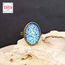 Φόρτωσε την φωτογραφία στο Gallery viewer, Δαχτυλίδι, γυάλινος θολος, με μπλε φλοράλ1, σε μπρονζέ αντικέ 18052312