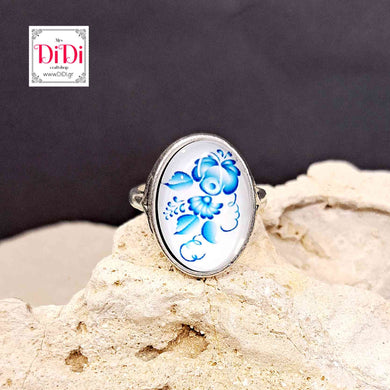 Δαχτυλίδι, γυάλινος θολος, με μπλε φλοράλ3, σε ασημί 18052316