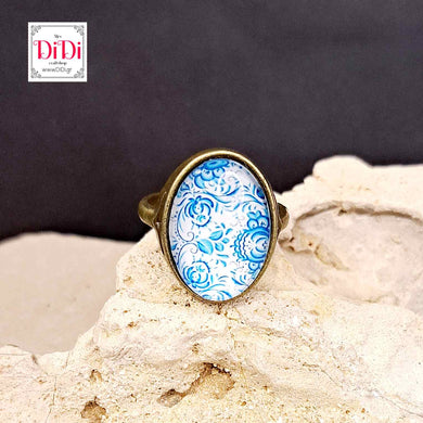 Δαχτυλίδι, γυάλινος θολος, με μπλε φλοράλ2, σε μπρονζέ αντικέ 18052313