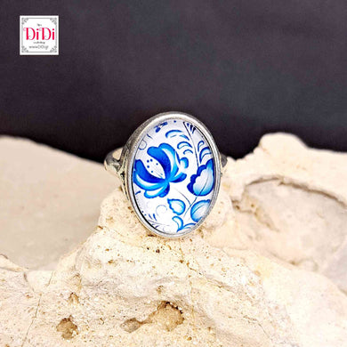 Δαχτυλίδι, γυάλινος θολος, με μπλε φλοράλ2, σε ασημί 18052315
