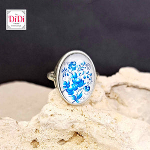 Δαχτυλίδι, γυάλινος θολος, με μπλε φλοράλ1, σε ασημί 18052314