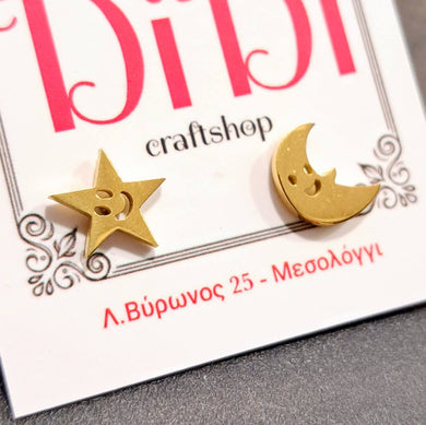 Ατσάλινα σκουλαρίκια Φεγγάρι - αστέρι, χρυσό