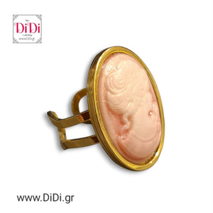 Δαχτυλίδι ατσάλινο καμέο 18mm x 25mm, ροζ γυναικεία φιγούρα, κίτρινο χρυσό