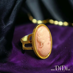 Δαχτυλίδι ατσάλινο καμέο 13mm x 18mm, ροζ γυναικεία φιγούρα, κίτρινο χρυσό