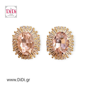 Σκουλαρίκια ροζέτα οβάλ ροζ zircon, καρφωτά στο αυτί, κίτρινο χρυσό