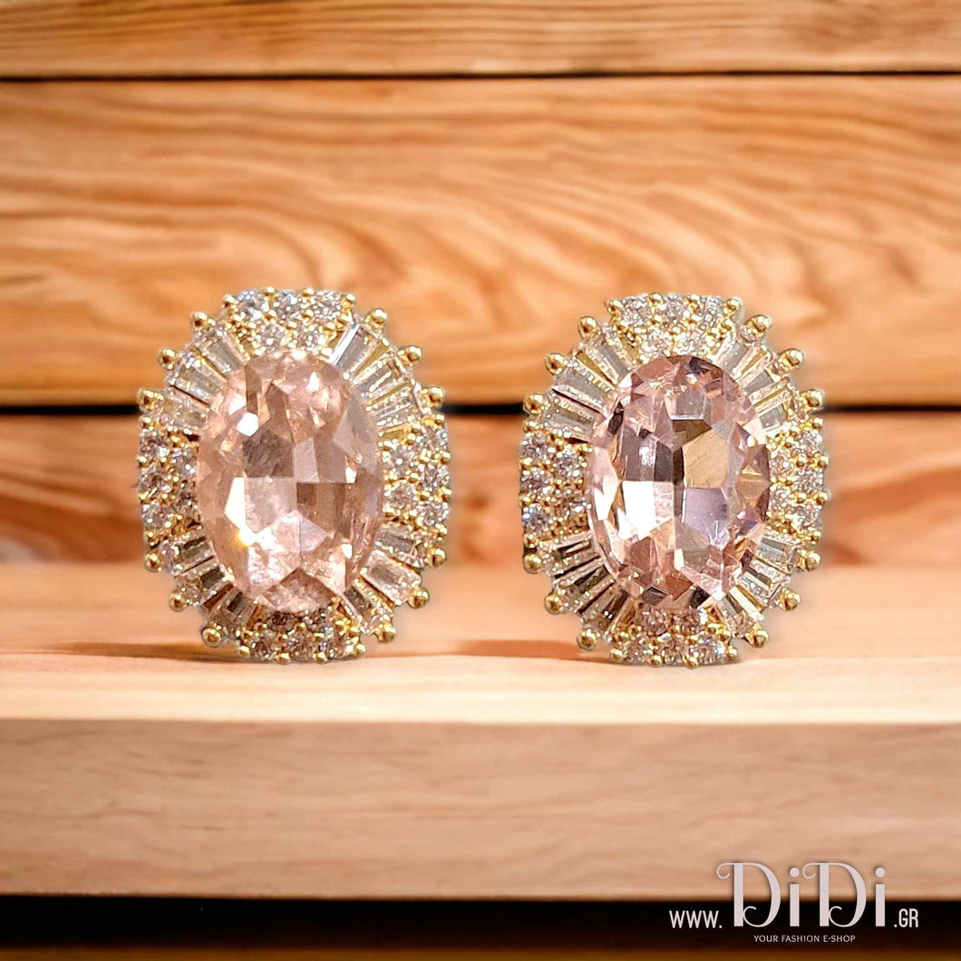 Σκουλαρίκια ροζέτα οβάλ ροζ zircon, καρφωτά στο αυτί, κίτρινο χρυσό