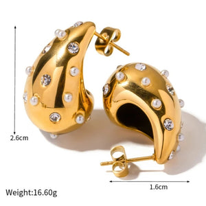 Σκουλαρίκια ατσάλινα δάκρυ 3cm, κίτρινο χρυσό με strass 1611234G