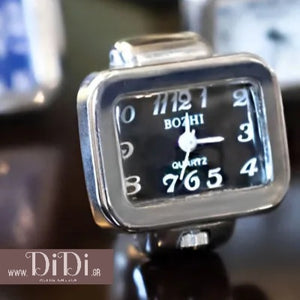 Δαχτυλίδι ρολόι ασημί με στενόμακρο, μαύρο καντράν, 2111231S
