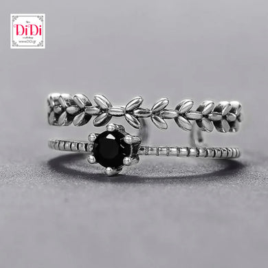 Δαχτυλίδι χάλκινο επαργυρωμένο με σκαλιστό φύλλωμα και μαυρη πέτρα 0912238