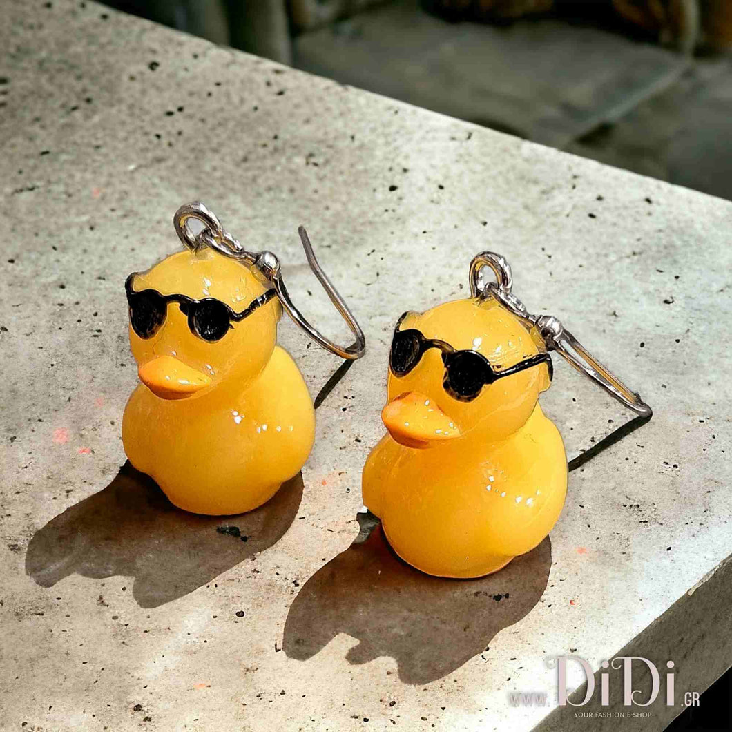 Σκουλαρίκια κρεμαστά ατσάλινα, Παπάκια με γυαλιά ηλίου, σε ασημί 27012411