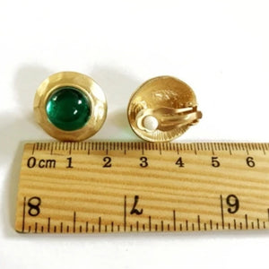 Σκουλαρίκια κλιπ, στρογγυλά χρυσό αντικέ με πράσινη πέτρα resin, 1702242