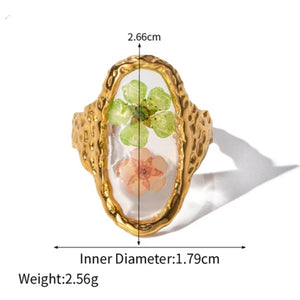 Ατσάλινο δαχτυλίδι με υγρό γυαλί & λουλούδι, ανοιγόμενο, σε κίτρινο χρυσό 23022412