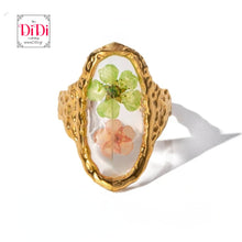 Φόρτωσε την φωτογραφία στο Gallery viewer, Ατσάλινο δαχτυλίδι με υγρό γυαλί &amp; λουλούδι, ανοιγόμενο, σε κίτρινο χρυσό 23022412