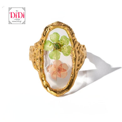 Ατσάλινο δαχτυλίδι με υγρό γυαλί & λουλούδι, ανοιγόμενο, σε κίτρινο χρυσό 23022412