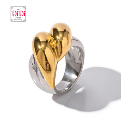 Ατσάλινο δαχτυλίδι μεγάλο, δίχρωμο ασημί - χρυσό 13032415