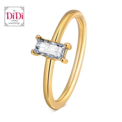 Ατσάλινο δαχτυλίδι micro βέργα με στενόμακρο στρας, σε κίτρινο χρυσό 0606249