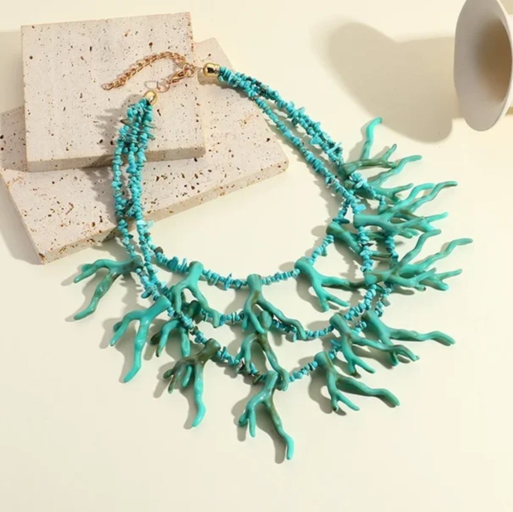 Κολιέ τριπλό, με ακριλικές χάντρες κοραλλιού, τιρκουάζ, 22072412