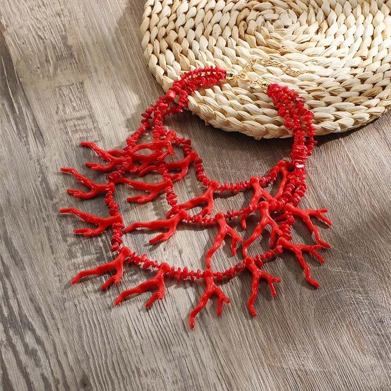 Κολιέ τριπλό, με ακριλικές χάντρες κοραλλιού, κόκκινο, 2207249