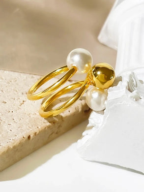 Ατσάλινο δαχτυλίδι τριπλό, με πέρλα σε κίτρινο χρυσό, 2402245