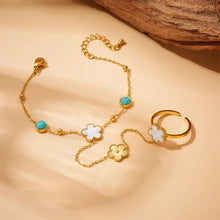Φόρτωσε την φωτογραφία στο Gallery viewer, Ατσάλινο βραχιόλι αλυσίδα μαζί με δαχτυλίδι μαργαρίτα με φίλντισι και μπλε πέτρες, σε κίτρινο χρυσό 13032427