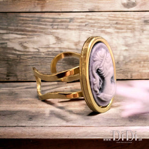 Δαχτυλίδι ατσάλινο καμέο 13mm x 18mm, μοβ γυναικεία φιγούρα, κίτρινο χρυσό