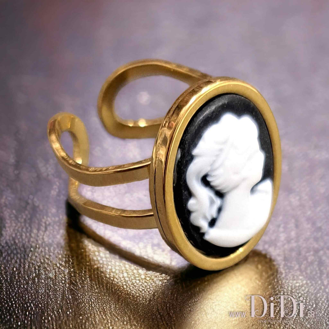 Δαχτυλίδι ατσάλινο καμέο 13mm x 18mm, λευκή γυναικεία φιγούρα, κίτρινο χρυσό
