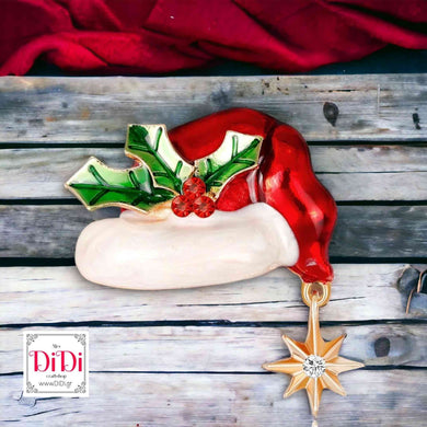 Καρφίτσα Χριστουγεννιάτικη - σκούρος κόκκινος με γκι και  λευκό στρας