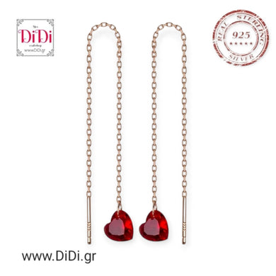 Σκουλαρίκια κρεμαστά, ασήμι 925, κόκκινες καρδιές, 2106244