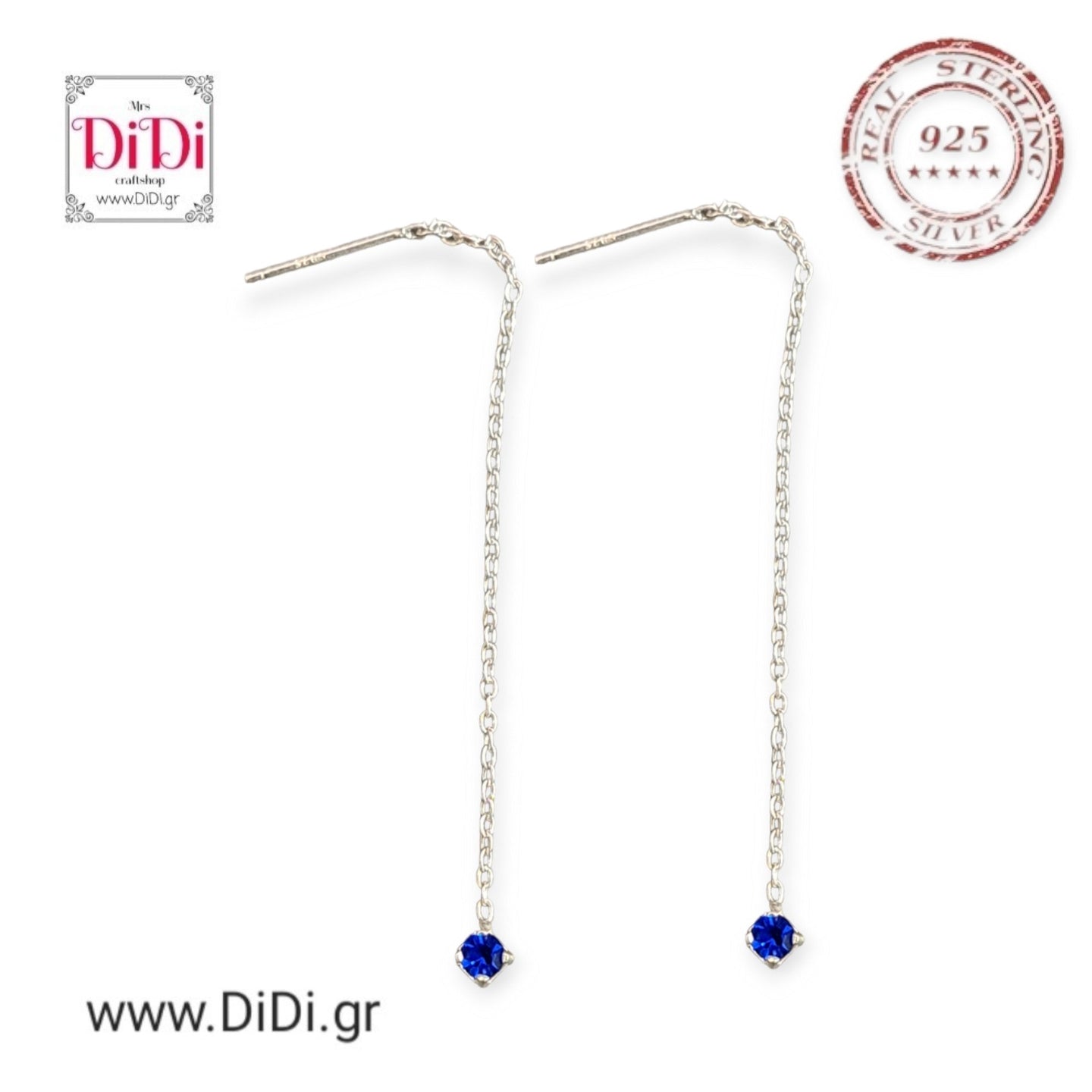 Σκουλαρίκια κρεμαστά, ασήμι 925, μπλε στρας, 2106245