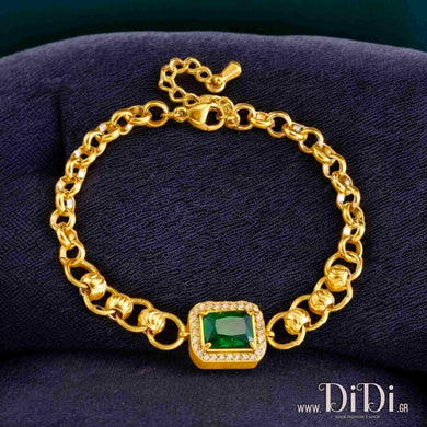 Ατσάλινο βραχιόλι αλυσίδα με στενόμακρο στοιχείο με πράσινη πέτρα και λευκά στρας, σε κίτρινο χρυσό 13032426
