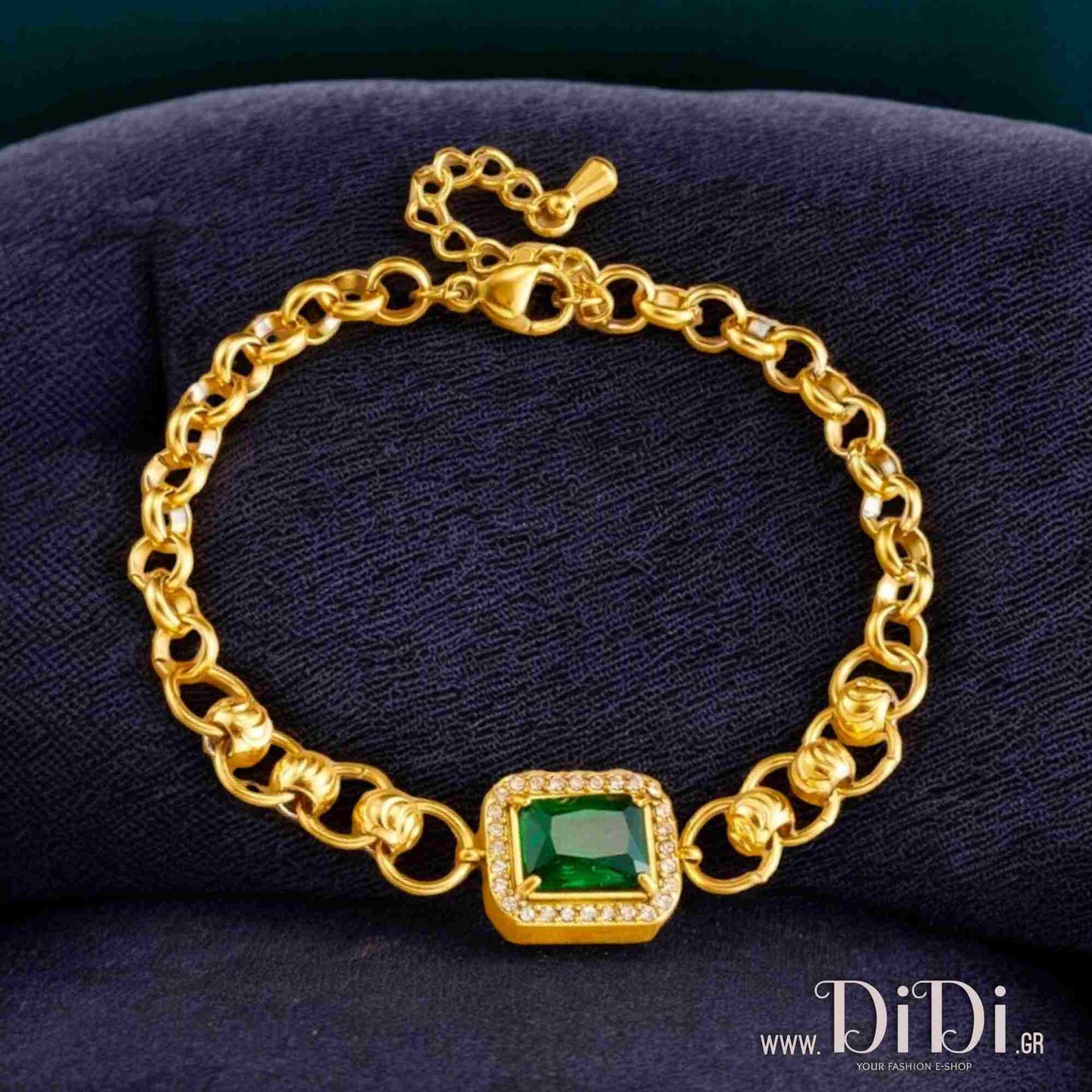 Ατσάλινο βραχιόλι αλυσίδα με στενόμακρο στοιχείο με πράσινη πέτρα και λευκά στρας, σε κίτρινο χρυσό 13032426
